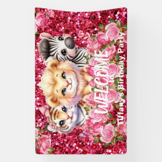 Rosa Imitate Glitzer Wilde Tiere Party Signaturban Banner (Vertikal)