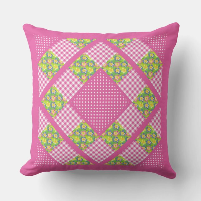 Rosa Imitate Patchwork, Primrosen, Polkas und Ging Kissen (Vorderseite)