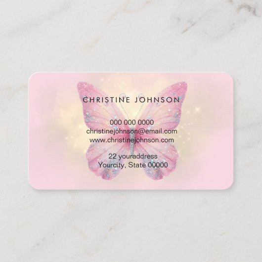 Rosa Imitate Schmetterlinglogo Glitzer Visitenkarte (Rückseite)
