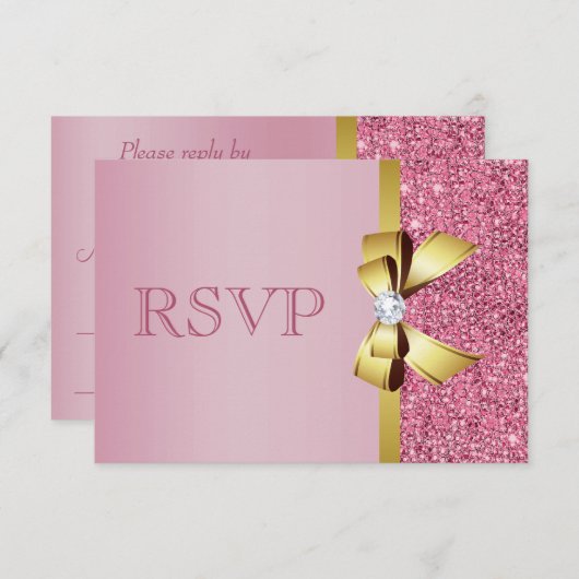 Rosa Imitate Sequins Gold Bow & Diamond UAWG RSVP Karte (Vorne/Hinten)