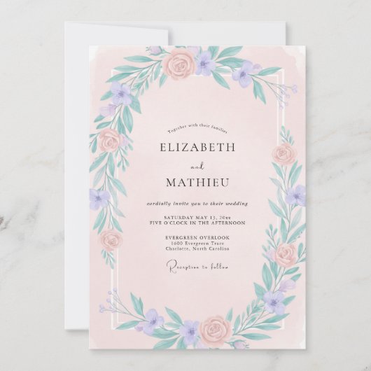 Rosa Immergrün-Wildblumen-Hochzeit Einladung (Vorderseite)