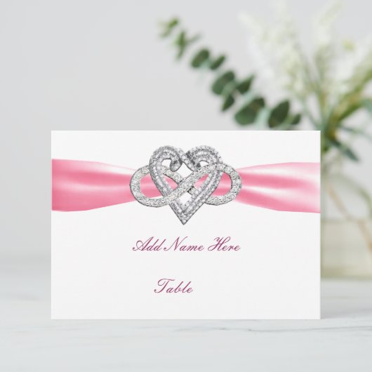 Rosa Infinity Heart Wedding Table Platzkarte (Stehend Vorderseite)