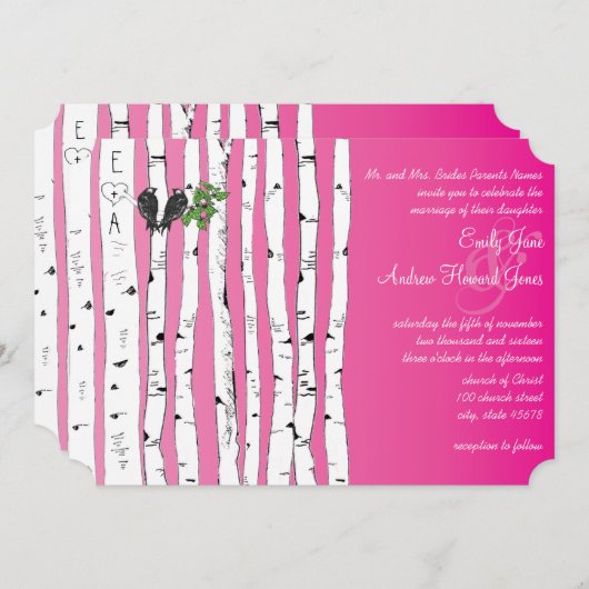 Rosa Initialen in Birch Tree Einladungen für Hochz (Vorne/Hinten)