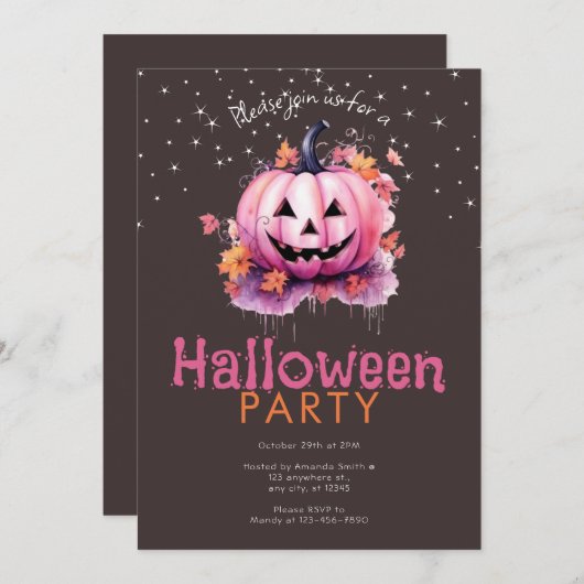 Rosa Jack-O' Lantern Blätter Sterne Halloween-Part Einladung (Vorne/Hinten)