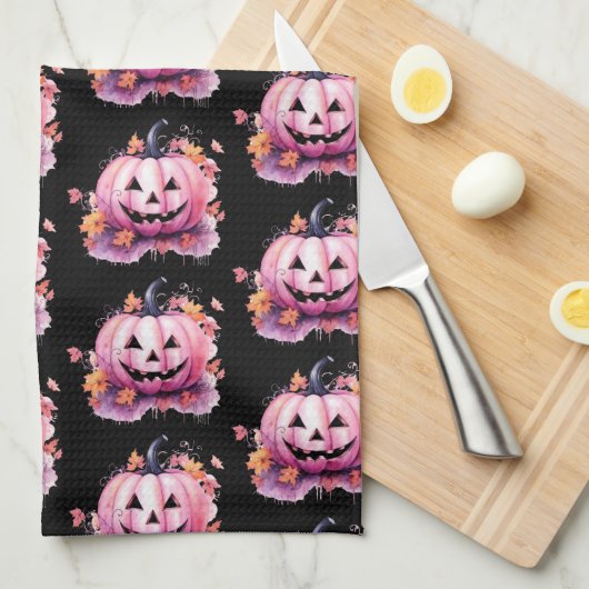 Rosa Jack-O' Lantern Orange Blätter Schwarzes Hall Geschirrtuch (Viertel Falte)