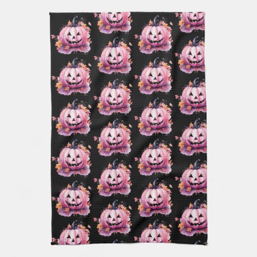 Rosa Jack-O' Lantern Orange Blätter Schwarzes Hall Geschirrtuch (Vertikal)