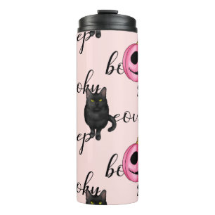 Rosa Jack-O-Laterne und schwarze Katze Thermosbecher