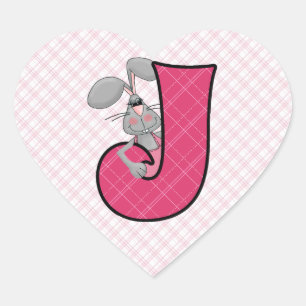 Rosa Jackkaninchen Monogram Letter J Herz-Aufkleber