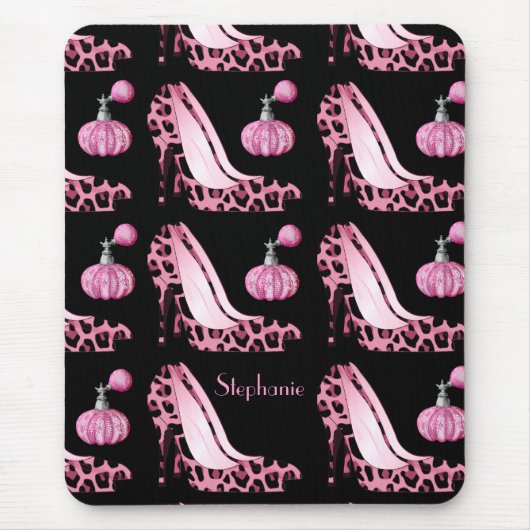 Rosa Jaguar-Stilette u. Purfume Flaschen Mousepad (Vorne)