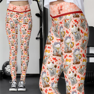 Rosa japanische Maneki Neko Katze und Sushi Leggings