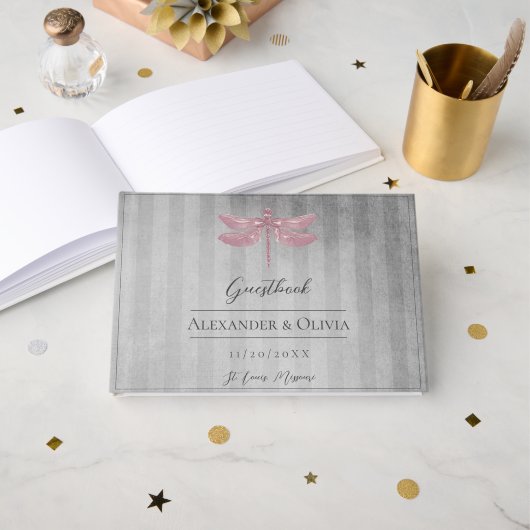 Rosa Jeweled Dragonfly Wedding Gästebuch (Vorderseite Offen)