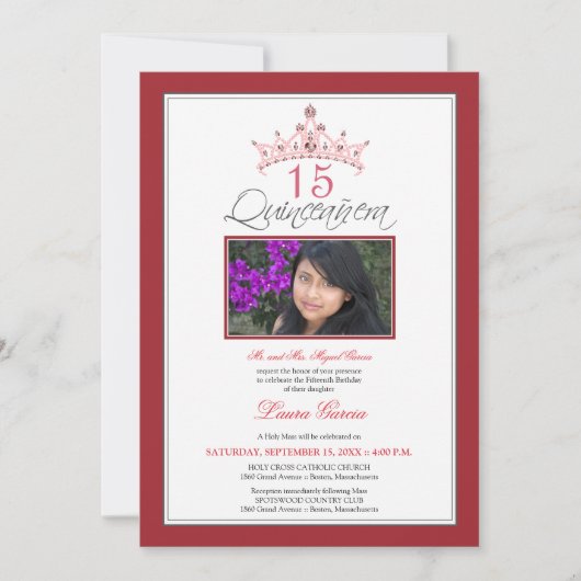 Rosa Jeweled Tiara Quinceanera Invitation (rot) Einladung (Vorderseite)