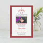 Rosa Jeweled Tiara Quinceanera Invitation (rot) Einladung (Stehend Vorderseite)