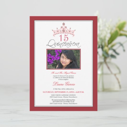 Rosa Jeweled Tiara Quinceanera Invitation (rot) Einladung (Stehend Vorderseite)