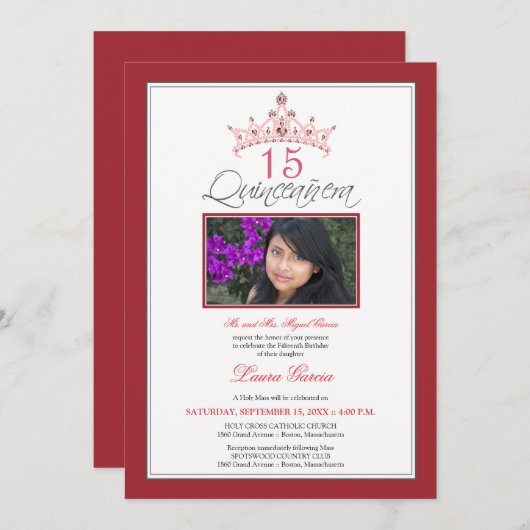 Rosa Jeweled Tiara Quinceanera Invitation (rot) Einladung (Vorne/Hinten)