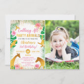 Rosa Jungle Animals Safari Girls Foto Geburtstag Einladung (Vorderseite)