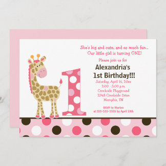 Rosa Jungle Giraffe 1. Geburtstag Einladung 12x18