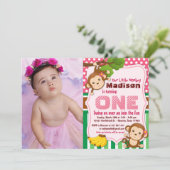 Rosa Jungle Monkey Safari Foto Einladung (Stehend Vorderseite)