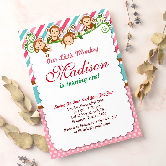 Rosa Jungle Monkey Safari Tier Geburtstag Einladung