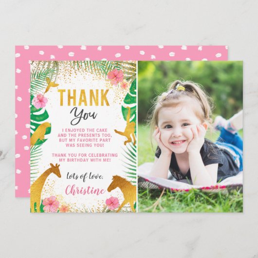 Rosa Jungle Tiere Foto Geburtstag Danke Karte (Vorne/Hinten)