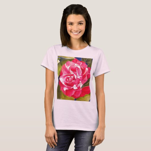 Rosa Kamelien Aquarell Blume Malerei T-Shirt (Vorne ganz)