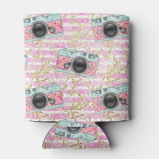 Rosa Kameras auf gestreiftem Hintergrund können Kü Dosenkühler (Rückseite)