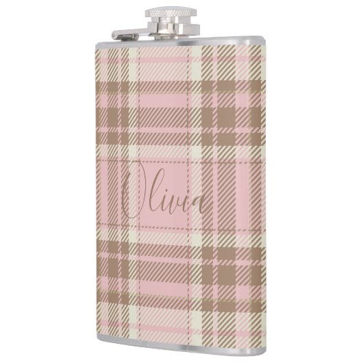 Rosa Kariert braun Karierte Wasserfarben Bridesmai Flachmann (Links)