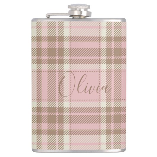 Rosa Kariert braun Karierte Wasserfarben Bridesmai Flachmann (Vorderseite)