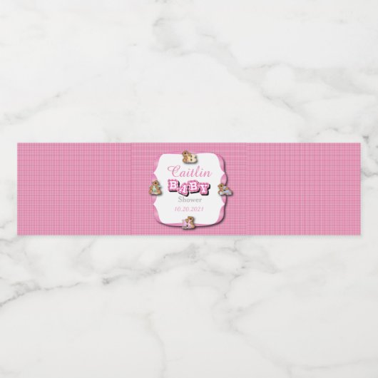 Rosa Kariert mit Babybeeren | Baby Girl Shower Wasserflaschenetikett (Einzelnes Label)