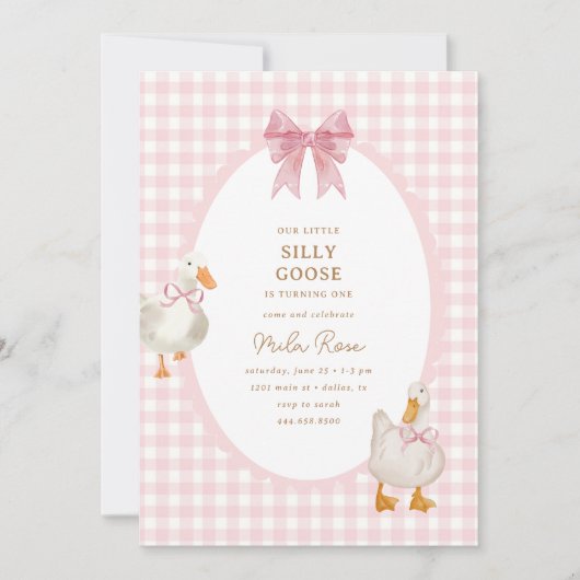 Rosa Karierte Alberne Gänse Coquette Geburtstag Einladung (Vorderseite)
