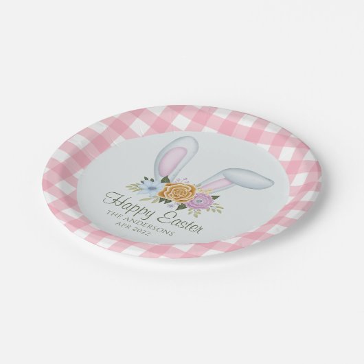 Rosa Karierte Aquarellfarbe Blumengeblümte Ostern Pappteller (Schrägansicht)