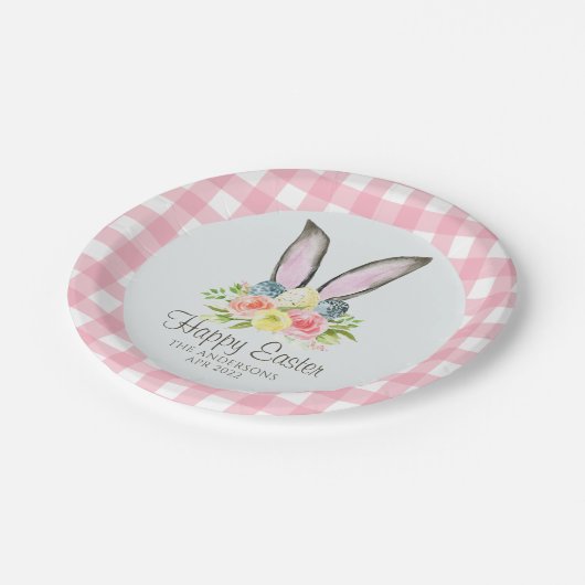 Rosa Karierte Aquarellfarbe Blumengeblümte Ostern Pappteller (Schrägansicht)