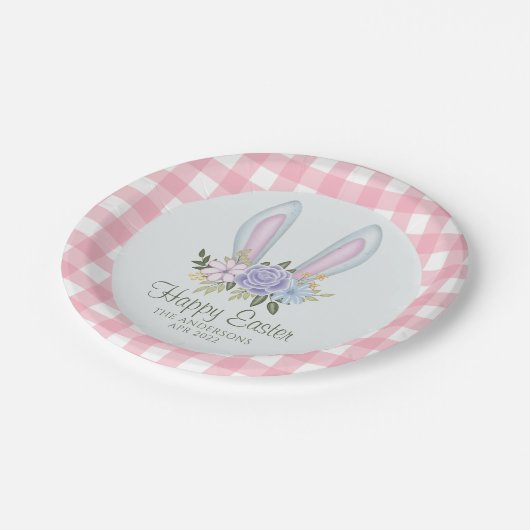 Rosa Karierte Aquarellfarbe Blumengeblümte Ostern Pappteller (Schrägansicht)