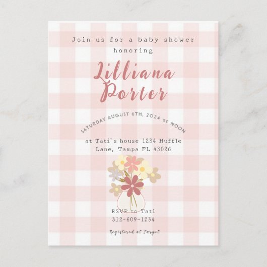 Rosa Karierte Blume Kinderdusche Einladung Postkar Postkarte (Vorderseite)