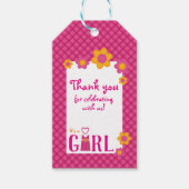 Rosa karierte, blumengeschmückte Mädchendusche dan Geschenkanhänger (Vorderseite)