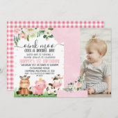 Rosa Karierte Farm Foto 1. Geburtstag Einladung (Vorne/Hinten)