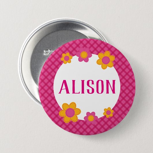 Rosa karierte Frühlingsmädchen Button (Vorne & Hinten)