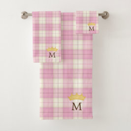 Rosa Karierte Tartan Crowned Monogram Princess Badhandtuch Set