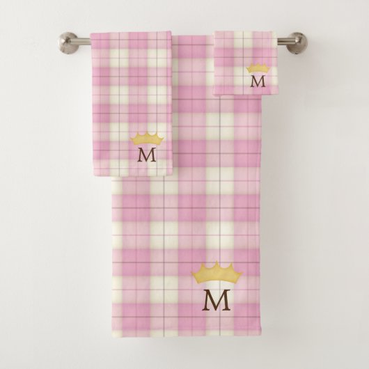 Rosa Karierte Tartan Crowned Monogram Princess Badhandtuch Set (Insitu)