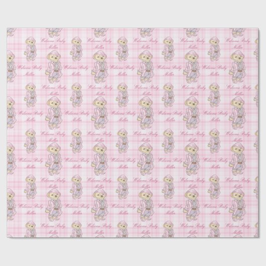 Rosa karierte Teddy tragen personalisierten Namen Geschenkpapier (Flach)