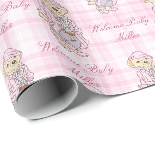 Rosa karierte Teddy tragen personalisierten Namen Geschenkpapier (Rolleneckpunkt)