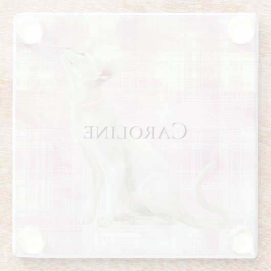 Rosa Karierte weiße Katze Glasuntersetzer (Rückseite)