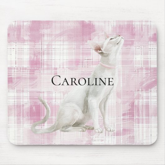 Rosa Karierte weiße Katze Mousepad (Vorne)