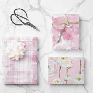 Rosa Karierte weiße Streifen Blumenmuster Abstrakt Geschenkpapier Set