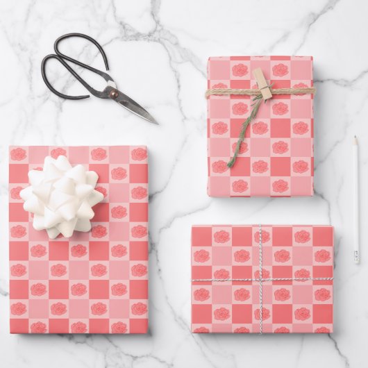 Rosa kariertes Blumenmuster Geschenkpapier Set (Vorderseite)