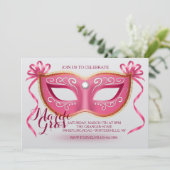 Rosa Karneval-Masken-Einladung Einladung (Stehend Vorderseite)