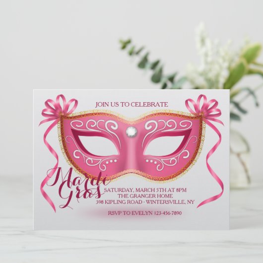 Rosa Karneval-Masken-Einladung Einladung (Stehend Vorderseite)