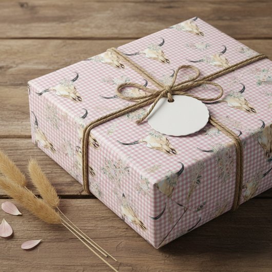 Rosa Karo Gingham Kuhschädel Boho Geschenkpapier