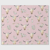 Rosa Karo Gingham Kuhschädel Boho Geschenkpapier (Flach)