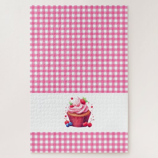 Rosa Karo Karierter Erdbeer Cupcake Puzzles (Vertikal)